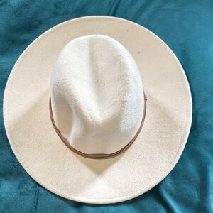 Anthropologie Cream Felt Wide-Brim Hat with Brown Band - Women Accessories